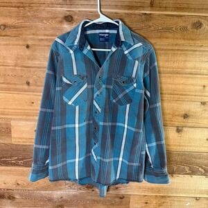 Vintage Wrangler blue plaid button up shirt Size XL